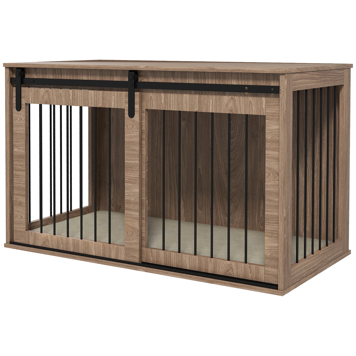XL Dog Crate Furniture Side Table | Barn Door | Removable Washable Cushion | 3-Sided Ventilation | Extra Large Dogs up to 40kg | 118 x 60 x 73cm | Brown