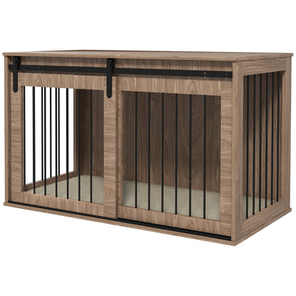 XL Dog Crate Furniture Side Table | Barn Door | Removable Washable Cushion | 3-Sided Ventilation | Extra Large Dogs up to 40kg | 118 x 60 x 73cm | Brown