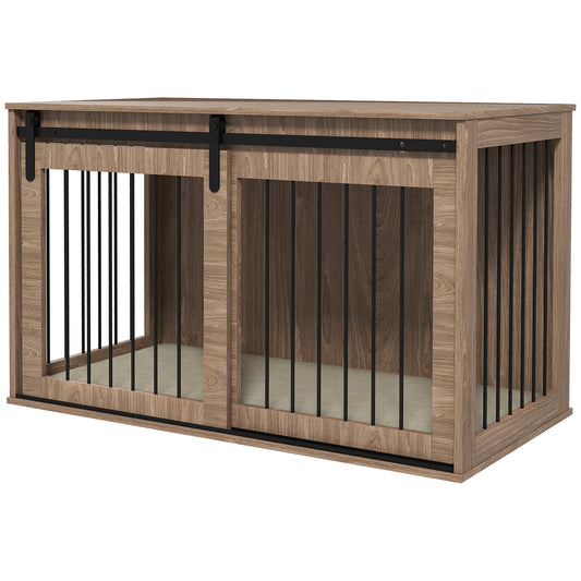 XL Dog Crate Furniture Side Table | Barn Door | Removable Washable Cushion | 3-Sided Ventilation | Extra Large Dogs up to 40kg | 118 x 60 x 73cm | Brown