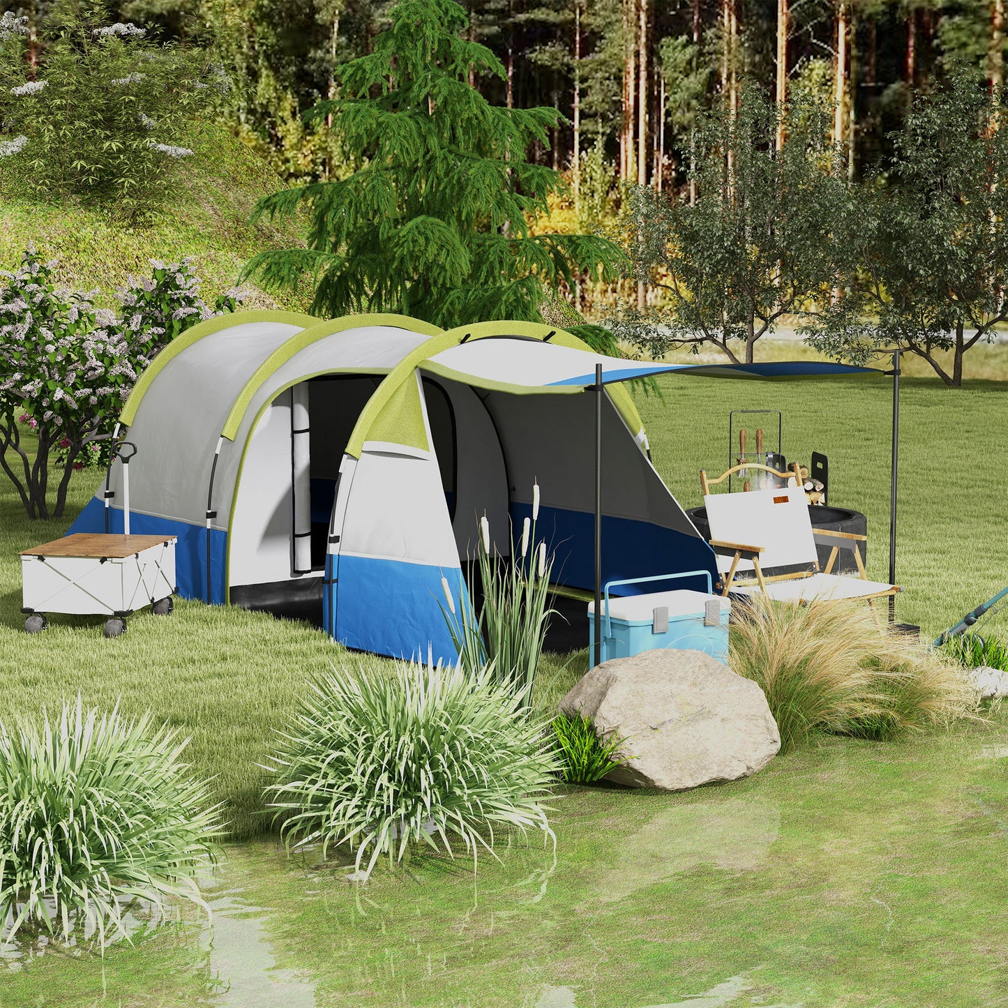 Outsunny Camping Tent, Large Tunnel Tent with Bedroom and Living Area, 2000mm Waterproof, Portable with Bag for 2-3 Man, Green