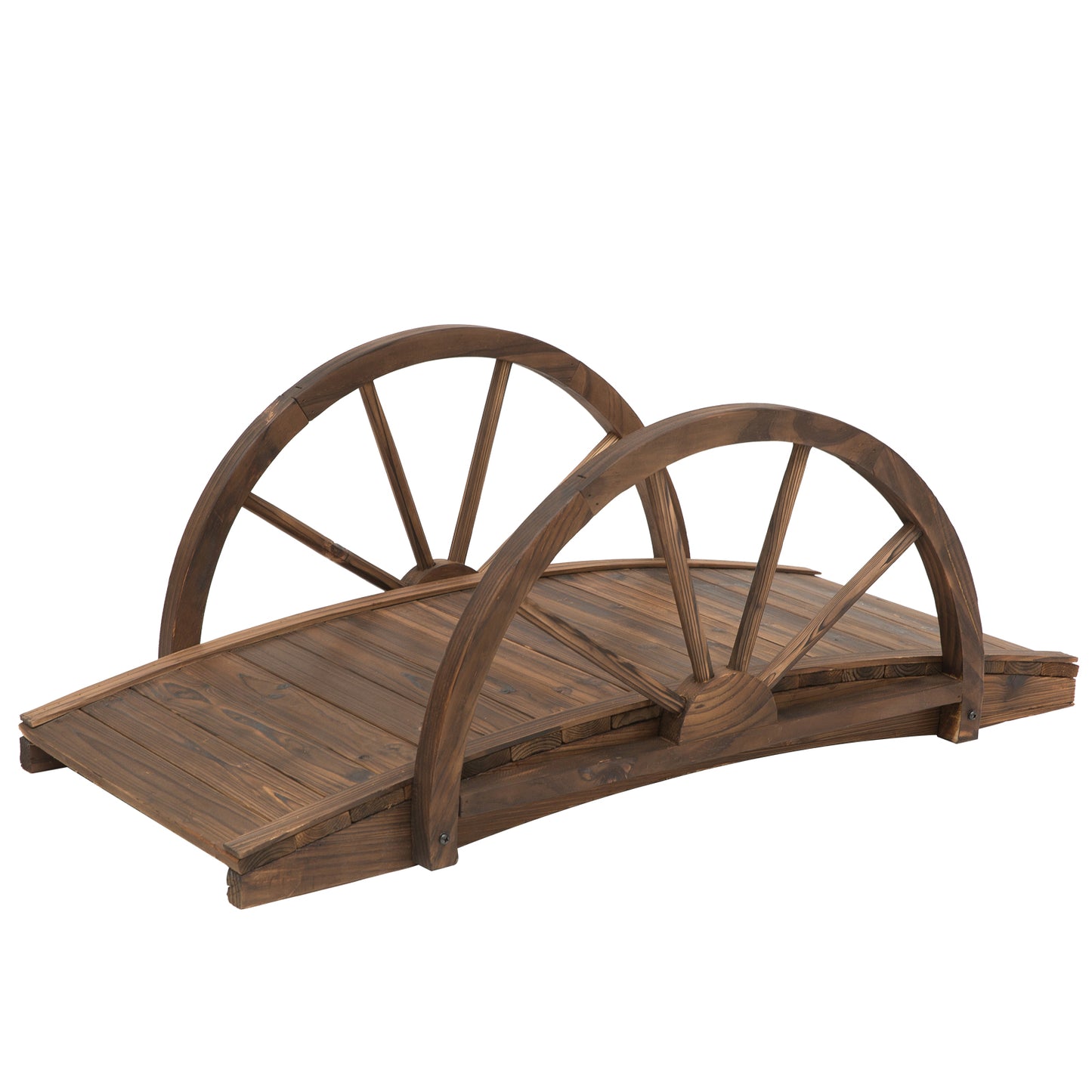 Wooden Garden Bridge Lawn Décor Stained Finish Arc Outdoor Pond WalkwayYard Decoration Half Wheeled Railings 100L x 50W x 37Hcm
