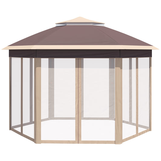 Outsunny Hexagon Pop Up Gazebo Outdoor Patio Gazebo Double Roof Instant Shelter with Netting, 3 x 4m, Khaki
