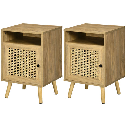 Bedside Table with Rattan Element, Side End Table with Shelf and Cupboard, 39cmx35cmx60cm, Set of 2, Natural