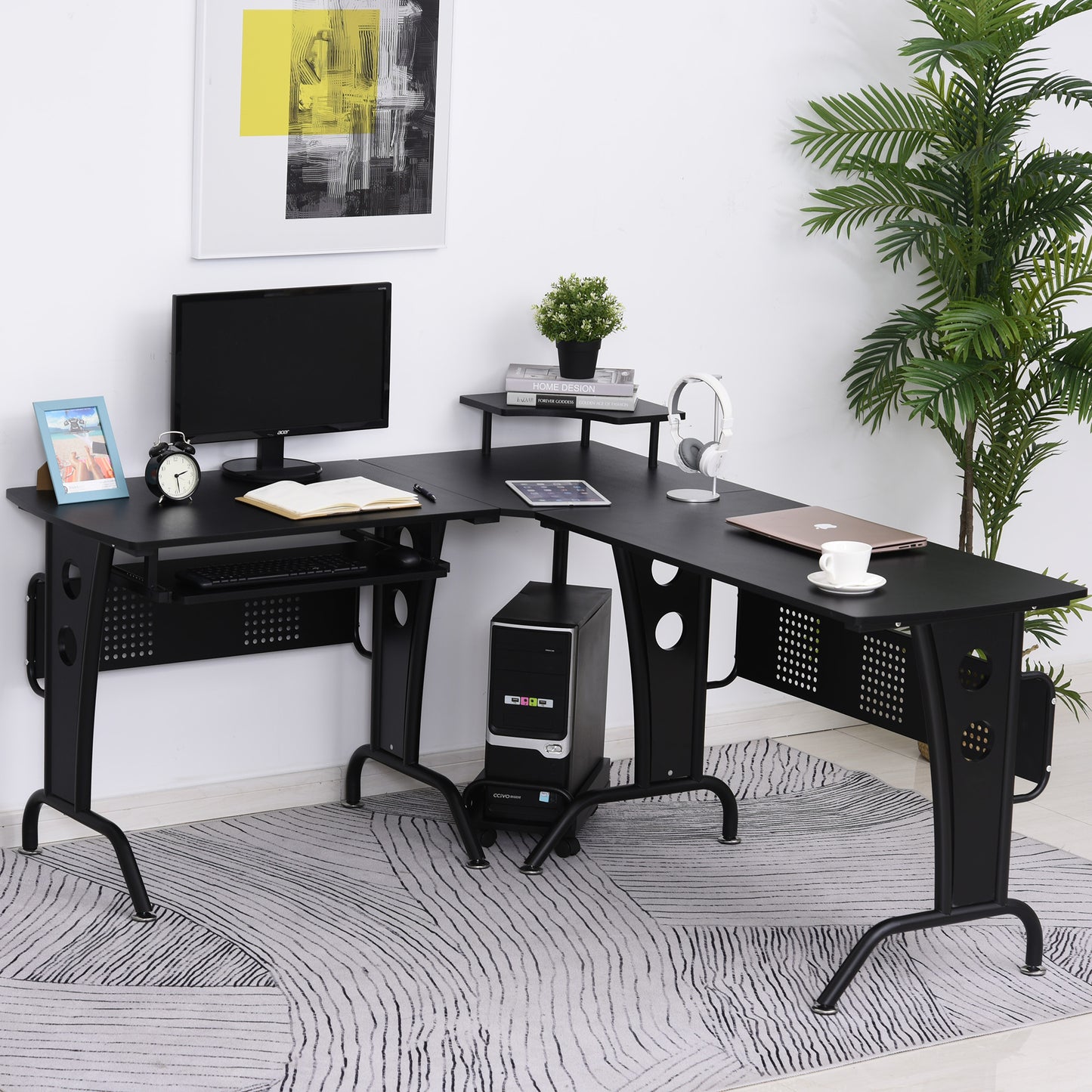 L-Shaped Corner Work Desk Gaming Office w/ Steel Frame CPU Rack Keyboard Tray Space-Saving Melamine Coating Computer Home Workstation Black