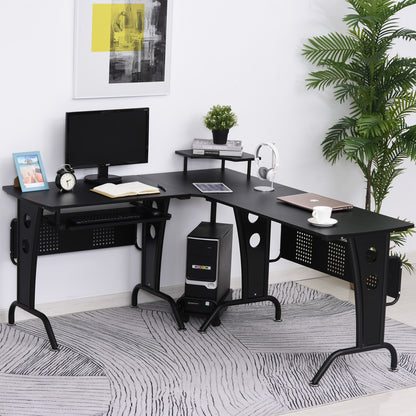 L-Shaped Corner Work Desk Gaming Office w/ Steel Frame CPU Rack Keyboard Tray Space-Saving Melamine Coating Computer Home Workstation Black