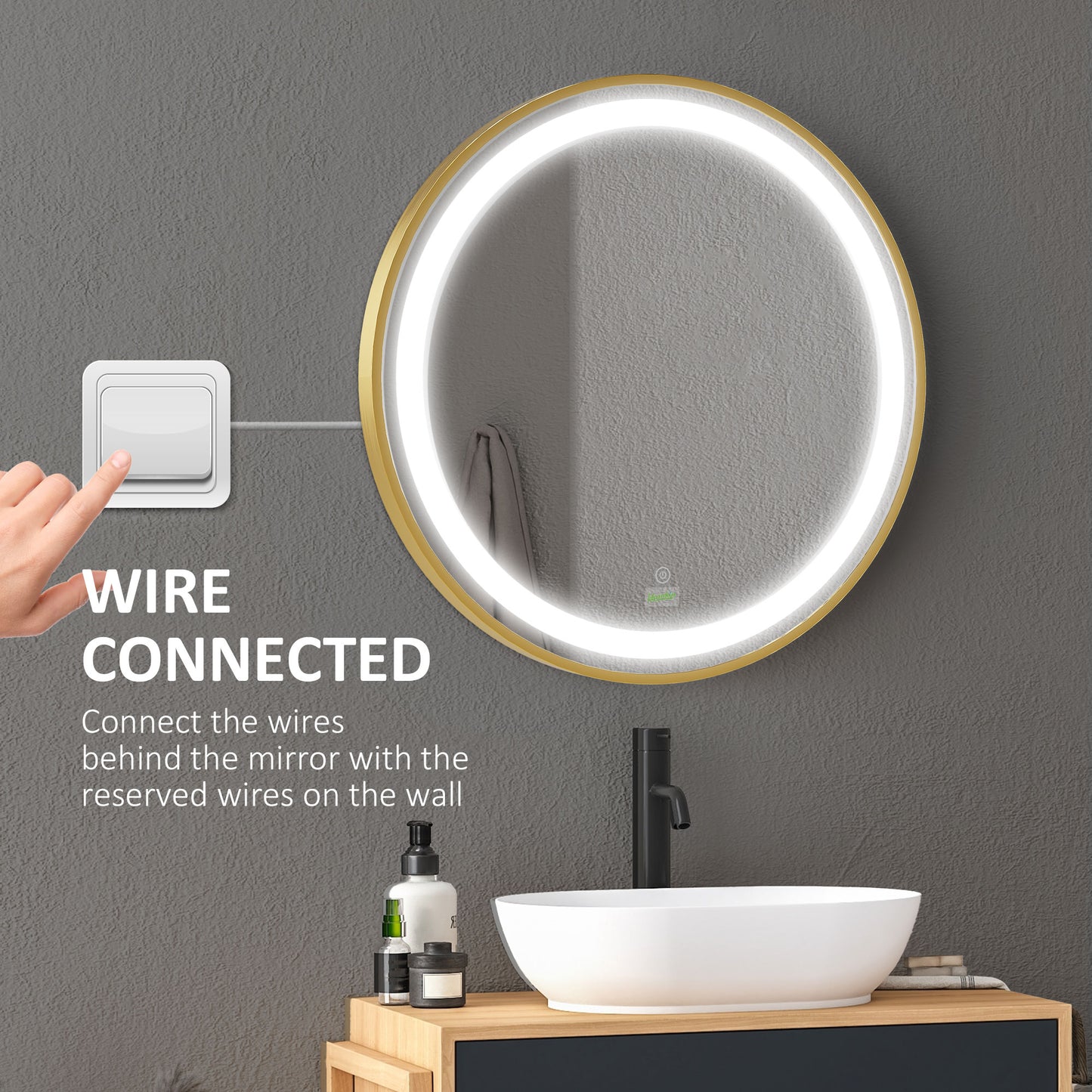 Kleankin Round Illuminated Bathroom Mirrors Dimmable LED Lighted Wall Mount Mirror w/ 3 Colours, Time Display, Memory Function, 60cm