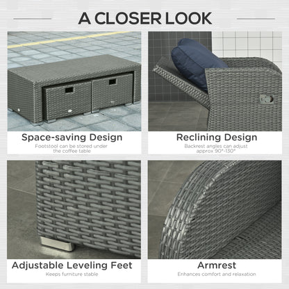 Outsunny 6 Piece Outdoor Rattan Wicker Furniture Set with 3-Seat Sofa, 2 Single Sofas, 2 Footstools and Coffee Table