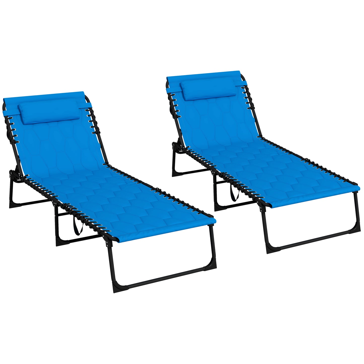 Foldable Sun Lounger Set With 5 Level Reclining Back, Tanning Chairs With Build-in Padded Seat, Loungers With Side Pocket, Headrest - Blue