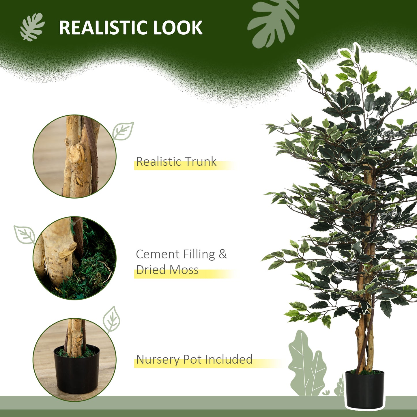 Artificial Ficus Tree in Pot, 130cm Tall Fake Plant with Lifelike Leaves and Natural Trunks, for Indoor Outdoor, Set of 2, Green