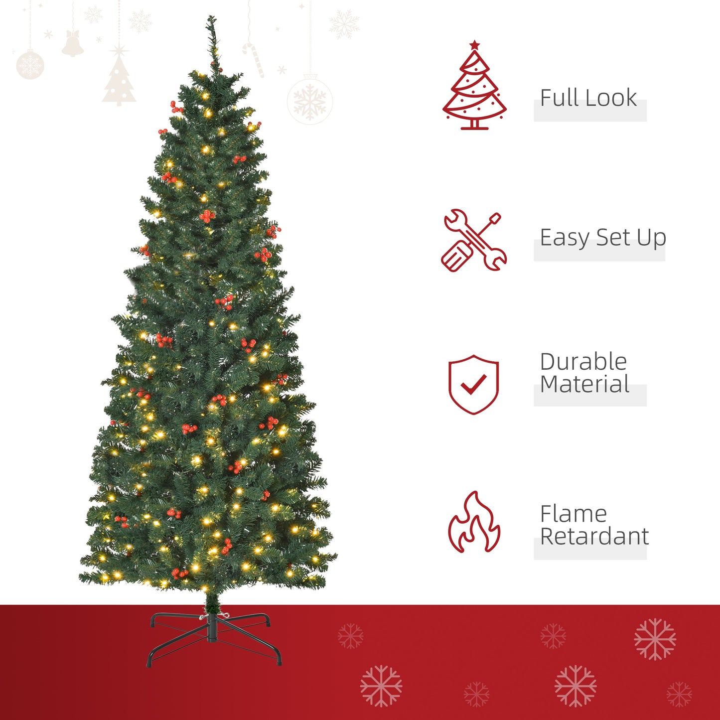 6FT Prelit Artificial Pencil Christmas Tree With Warm White LED Light, Red Berry, Holiday Home Decoration, Green