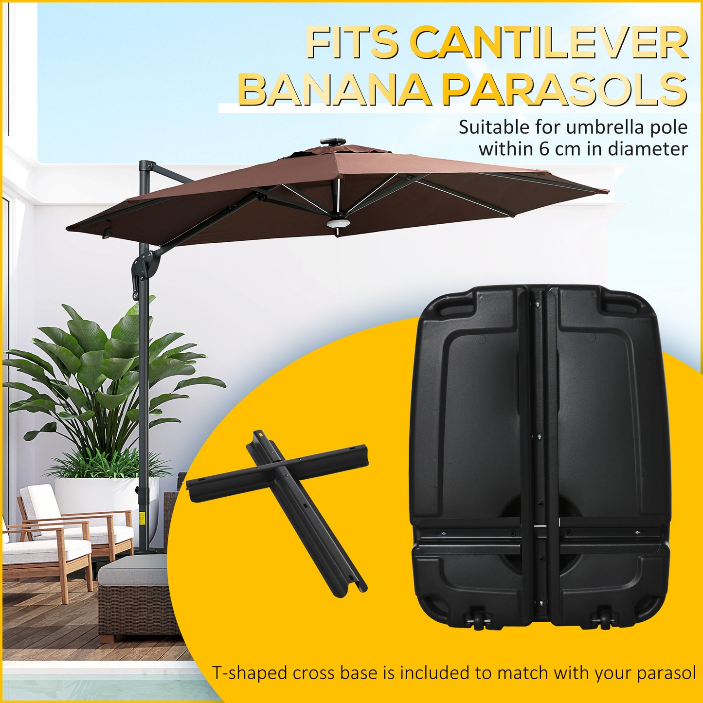 Outsunny 7.5kg Square Parasol Base Portable Umbrella Stand Weights for Cantilever Banana Parasol with Wheels, Water and Sand Filled, Up to 100kg