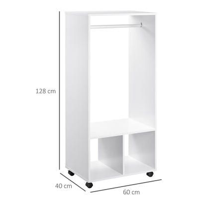 Open Wardrobe with Hanging Rod and Storage Shelves Mobile Garment Rack on Wheels Bedroom, Cloakroom, White