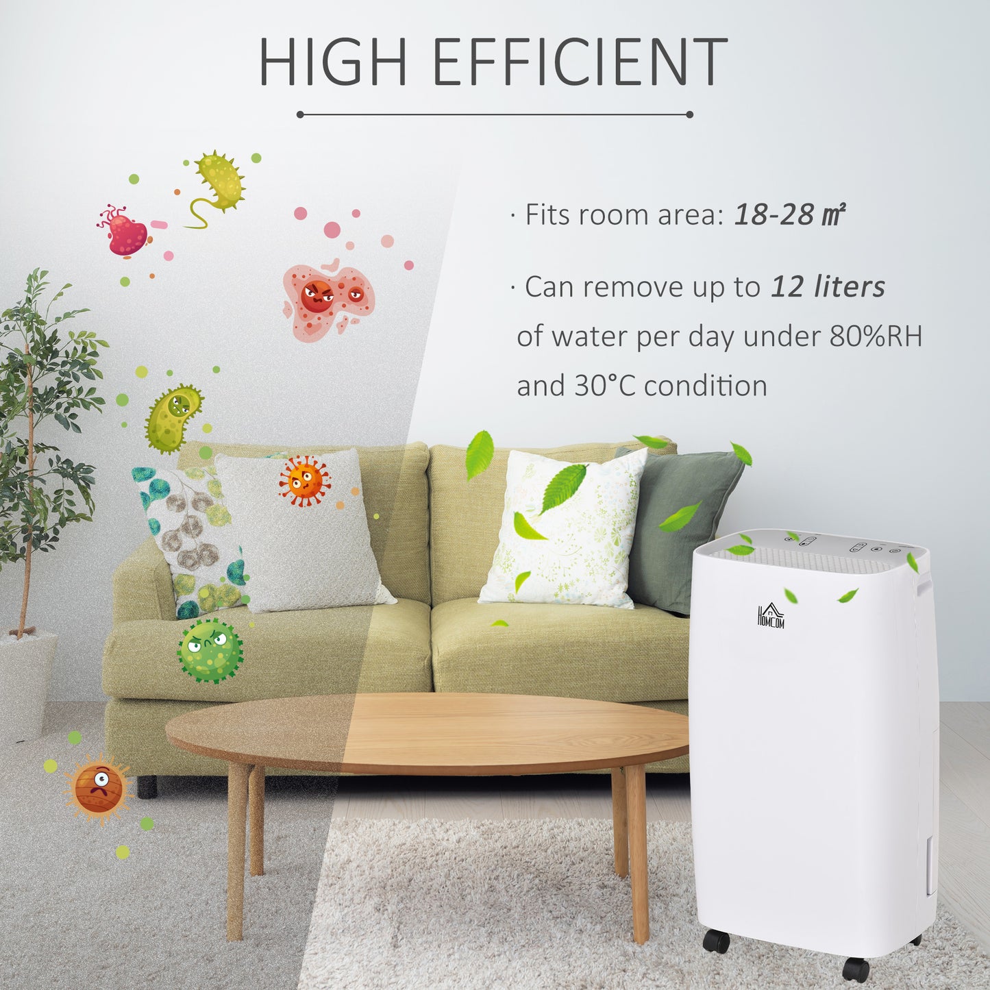 12L/Day Portable Dehumidifier for Home w/ 24H Timer, Humidity Display, 2 Speed Modes, 2500ml Electric Air Dehumidifier w/ Four Wheels, White