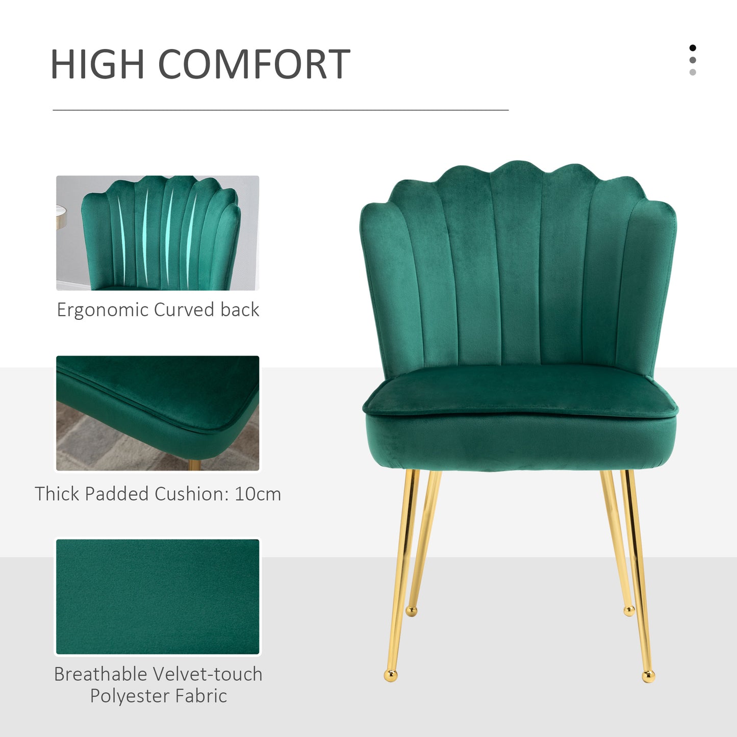 Retro Style Velvet-Feel Shell Luxe Accent Chair, Glam Vanity Chair Makeup Seat, Home Bedroom Lounge with Metal Legs Comfort Padding, Green