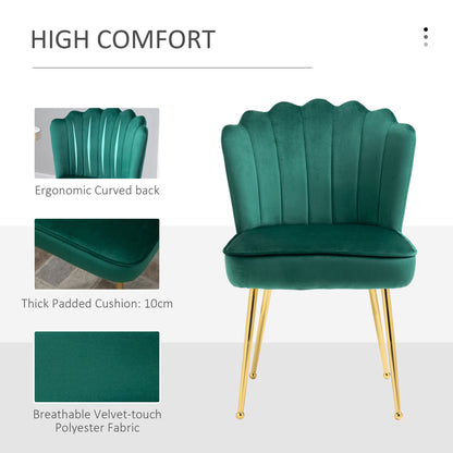 Retro Style Velvet-Feel Shell Luxe Accent Chair, Glam Vanity Chair Makeup Seat, Home Bedroom Lounge with Metal Legs Comfort Padding, Green
