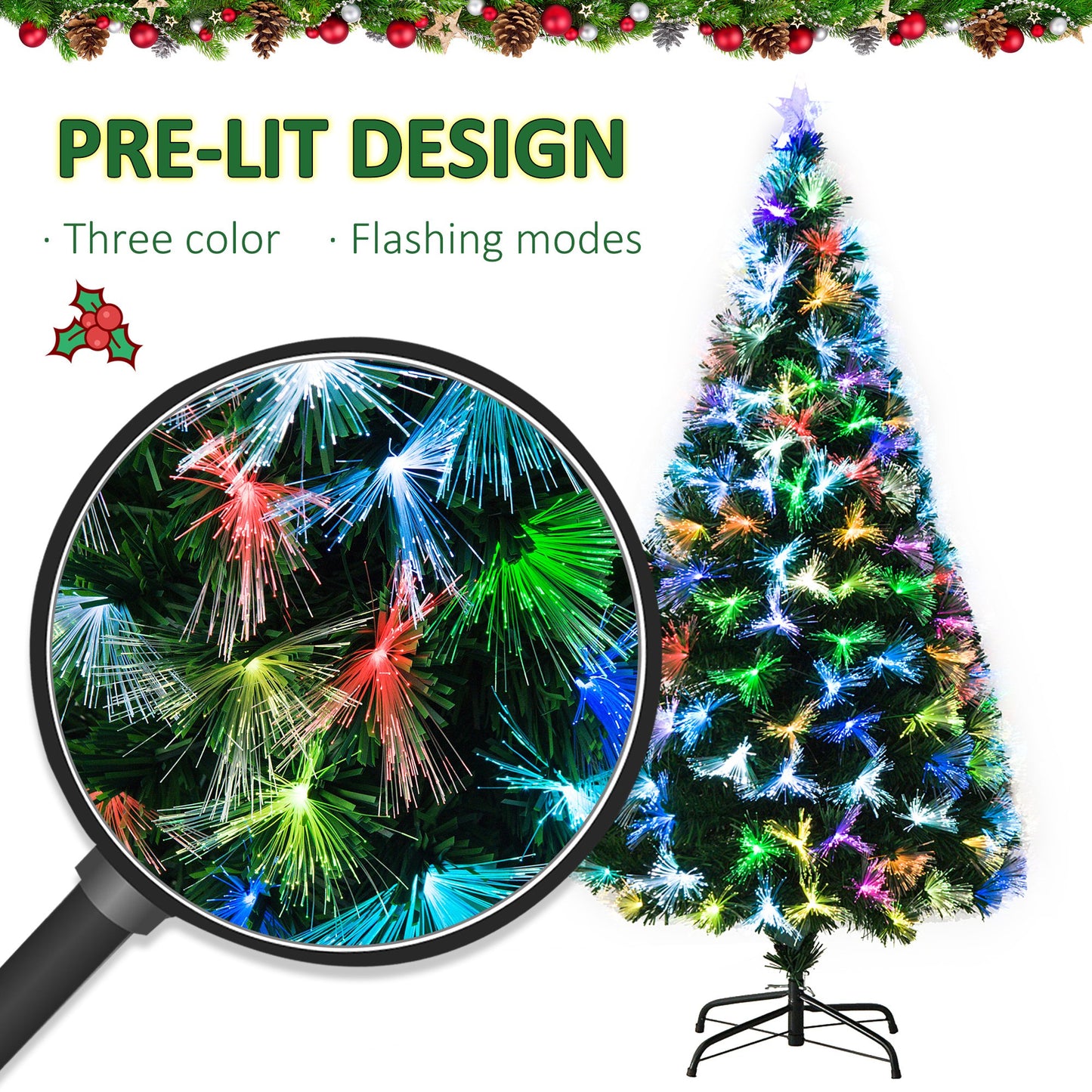 6ft Tall Artificial Tree Fibre Optic Colourful LED Pre-Lit Holiday Home Christmas Decoration with Flash Mode - Green