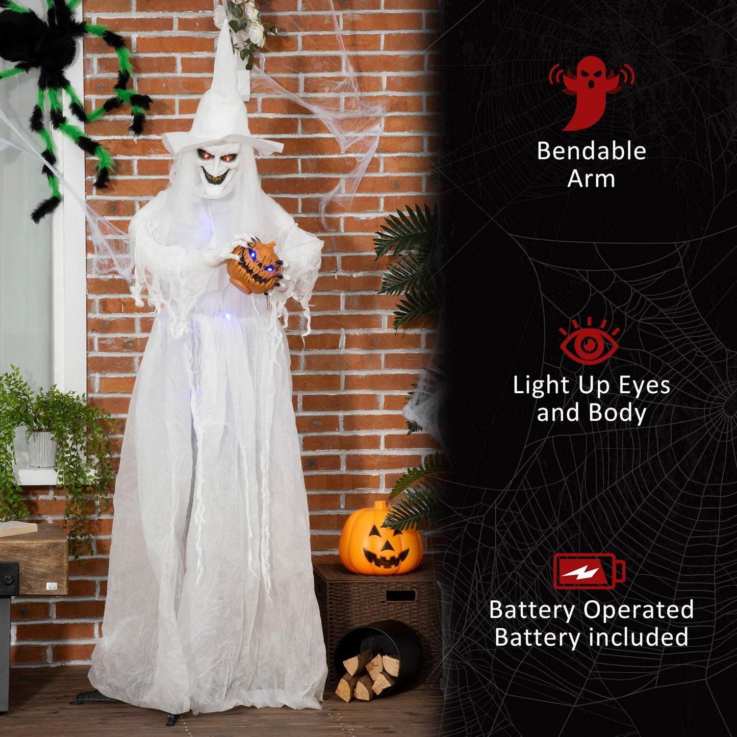 72 Inch Halloween Decorations White Witch Holding Pumpkin Head, Standing Skeleton Ghost Prop Life Size, Motion Activated Light Up Eyes Body