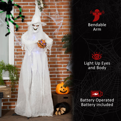 72 Inch Halloween Decorations White Witch Holding Pumpkin Head, Standing Skeleton Ghost Prop Life Size, Motion Activated Light Up Eyes Body
