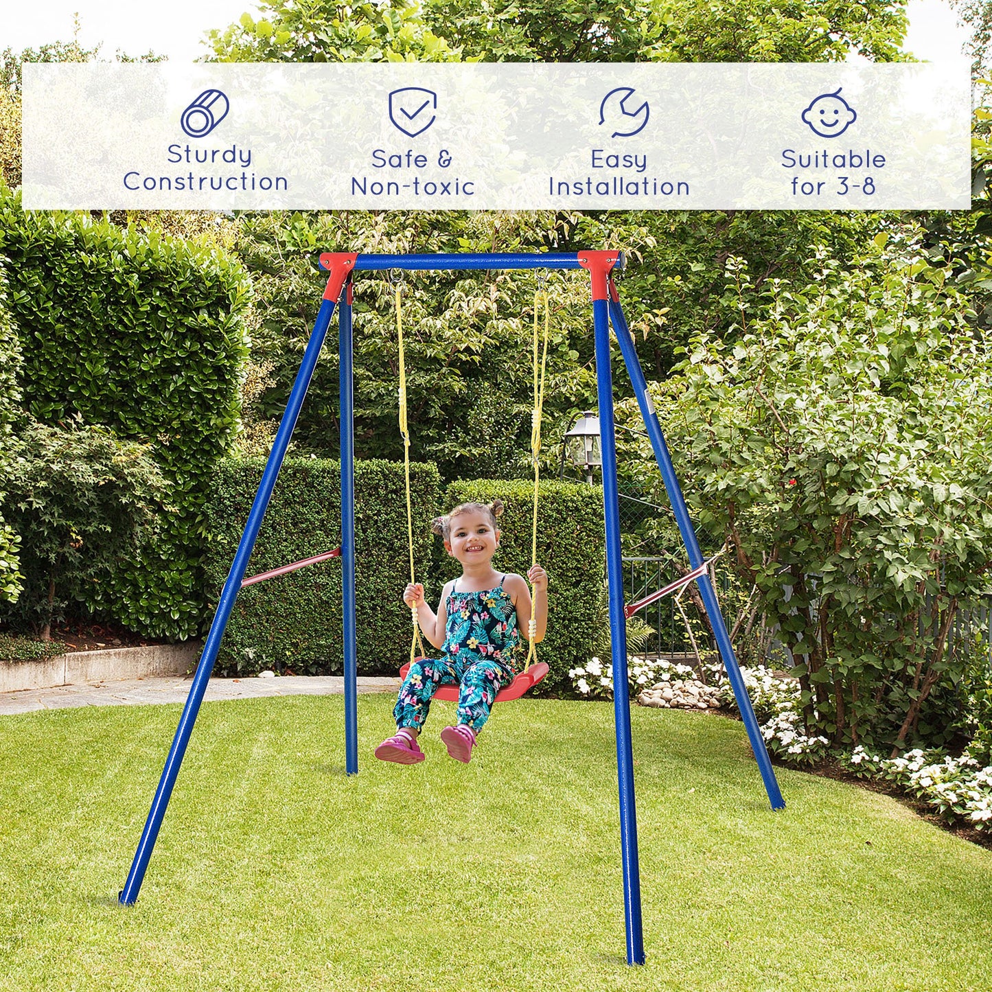 Outsunny Metal Swing Set with Seat Adjustable Rope Heavy Duty A-Frame Stand Backyard Outdoor Playset for Kids Fun 6-12 Years Old Blue