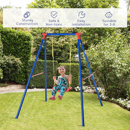 Outsunny Metal Swing Set with Seat Adjustable Rope Heavy Duty A-Frame Stand Backyard Outdoor Playset for Kids Fun 6-12 Years Old Blue