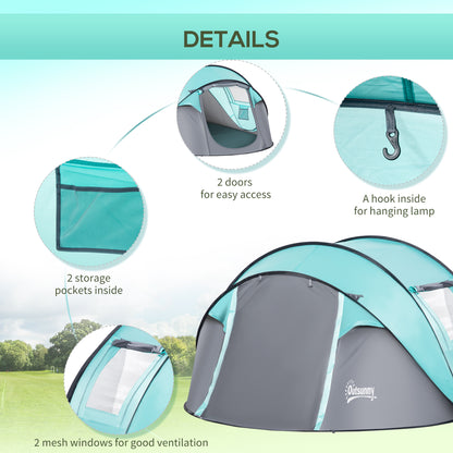 Outsunny 4 Person Pop Up Camping Tent with Vestibule Weatherproof Cover, Instant Backpacking Tent w/ Carry Bag for Fishing Hiking, Tiffany Blue