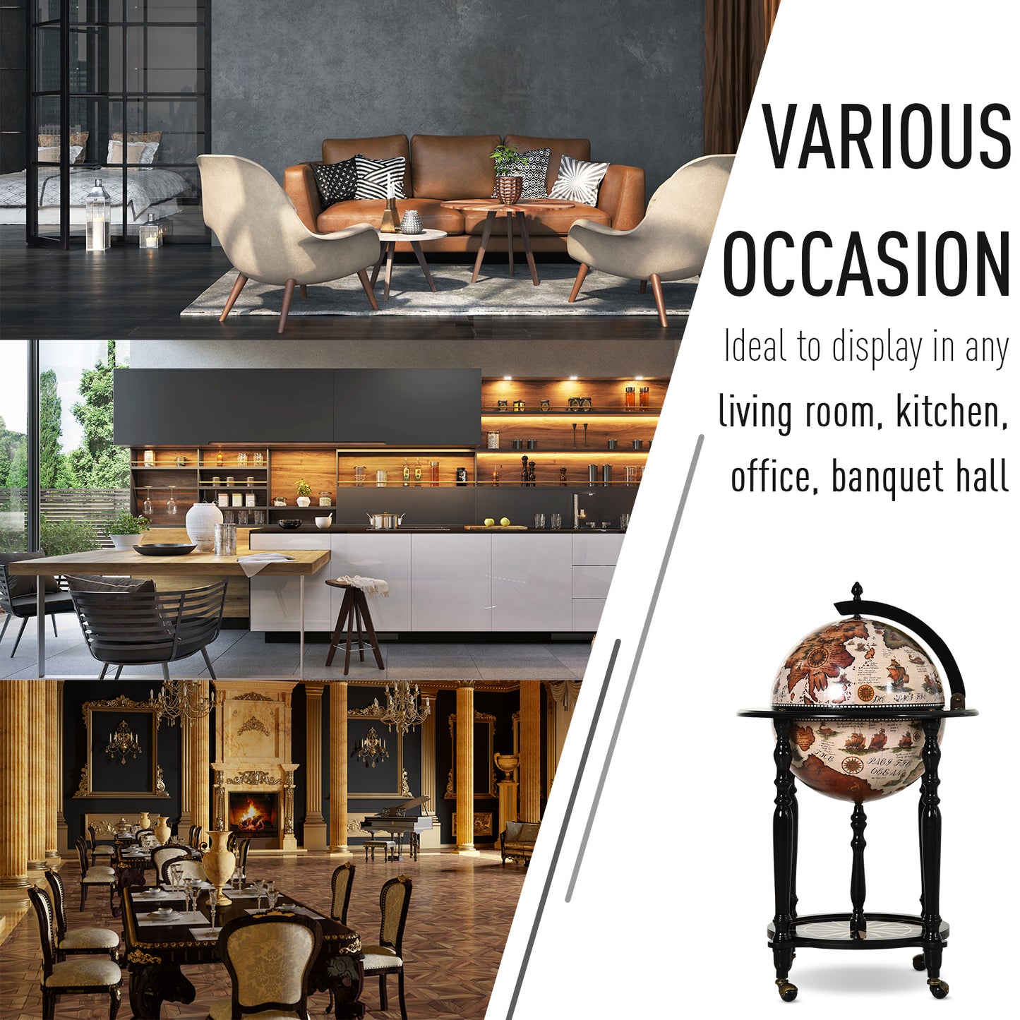 Unique Globe Drinks Cabinet Wood Frame 3 Compartments Bottles Glasses w/ Bottom Shelf 4 Wheels Elegant Antique Movable Safe Storage