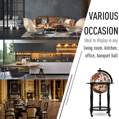 Unique Globe Drinks Cabinet Wood Frame 3 Compartments Bottles Glasses w/ Bottom Shelf 4 Wheels Elegant Antique Movable Safe Storage