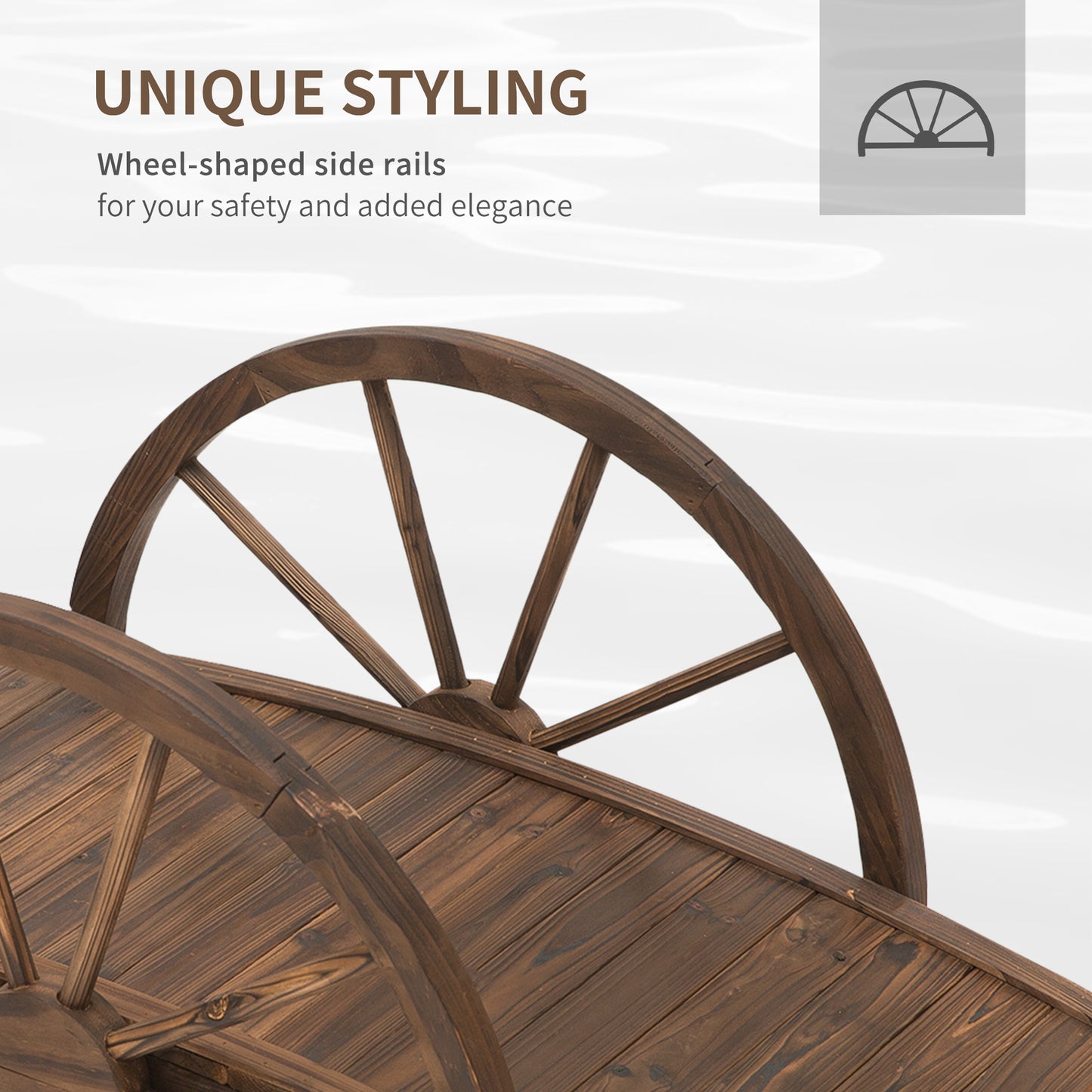 Wooden Garden Bridge Lawn Décor Stained Finish Arc Outdoor Pond WalkwayYard Decoration Half Wheeled Railings 100L x 50W x 37Hcm
