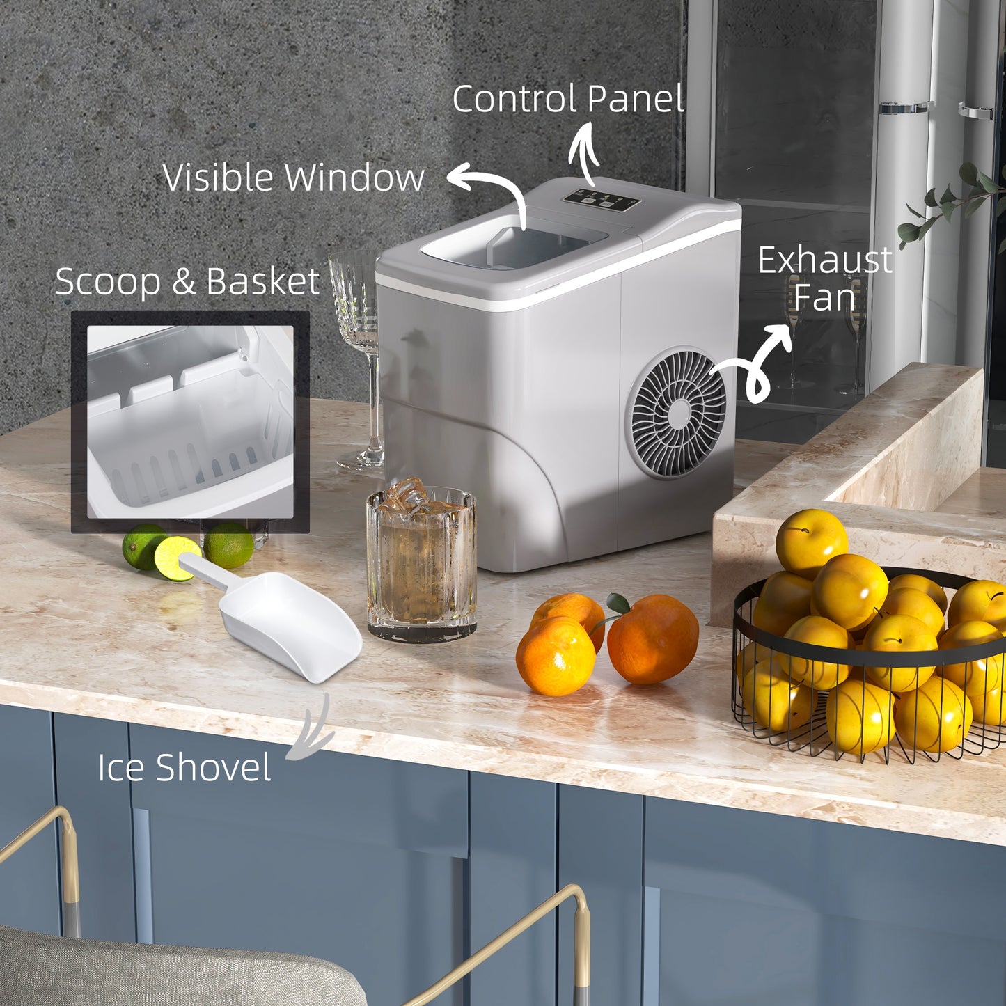 Portable Bullet Ice Cube Maker Machine Countertop, Automatic Cleaning, Visible Window Scoop And Basket For Kitchen - Silver