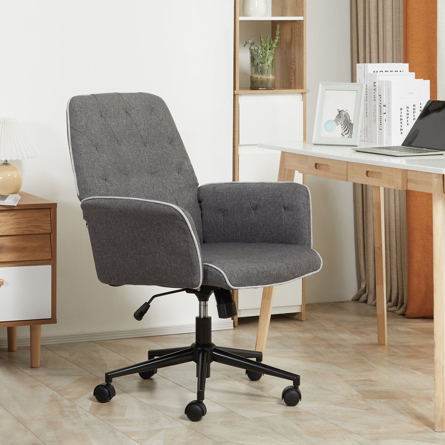Linen Office Swivel Chair Mid Back Computer Desk Chair with Adjustable Seat, Arm - Grey