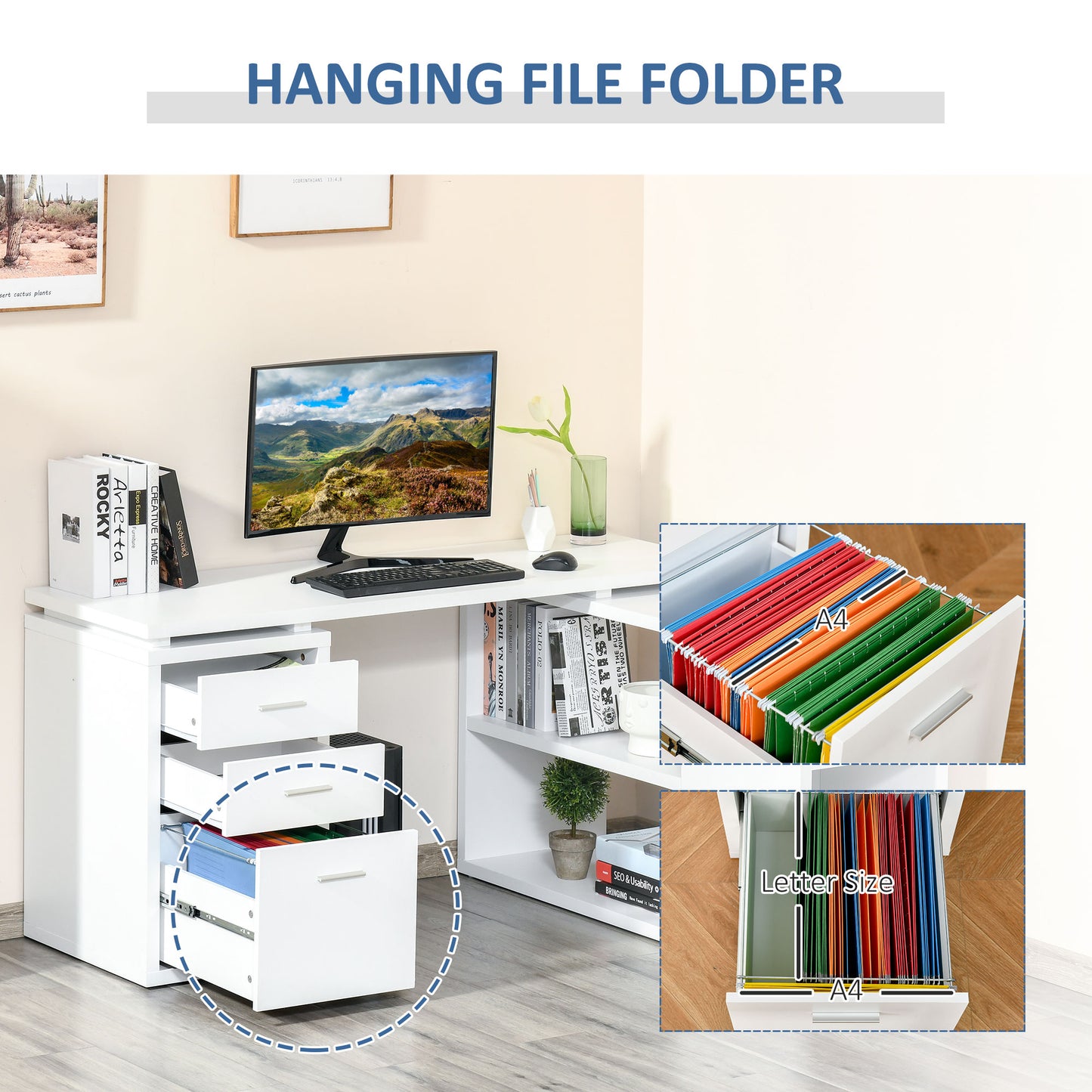 L-Shaped Computer Desk Home Office Corner Desk Study Workstation Table with Storage Shelves and Drawers, White