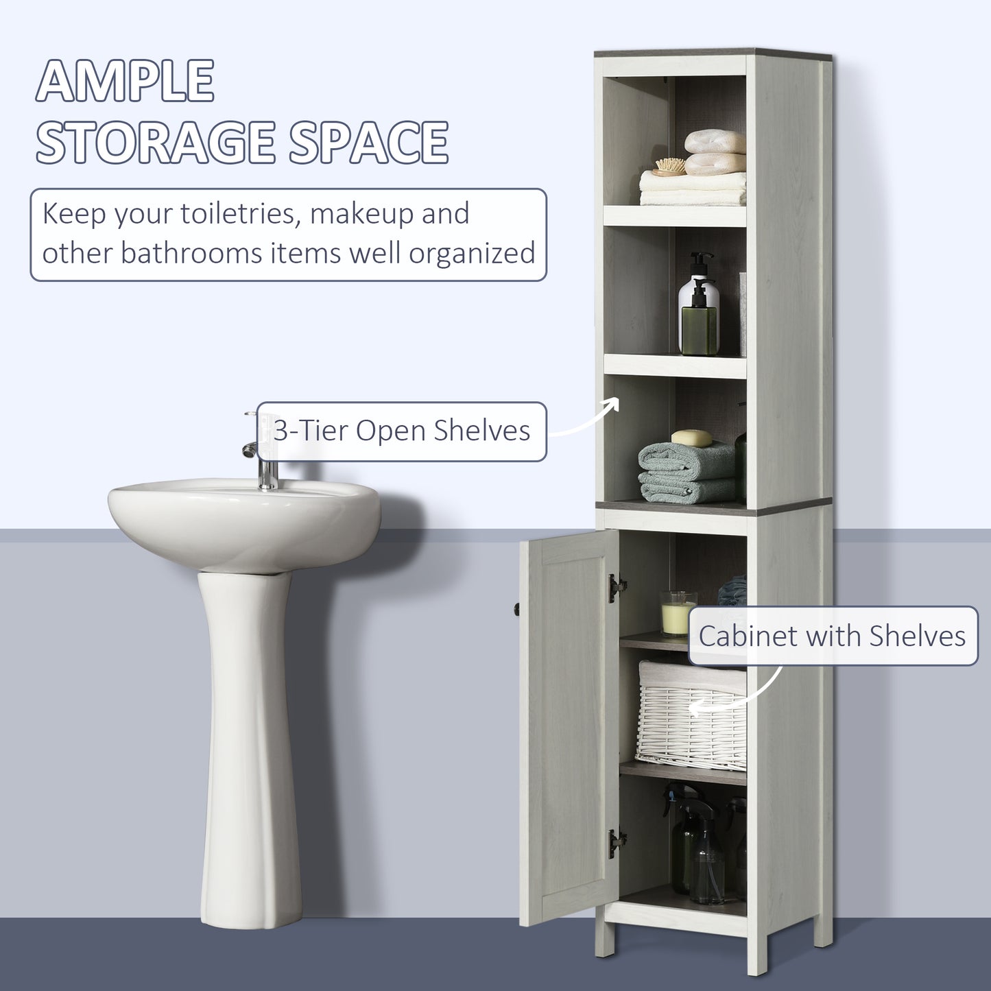Kleankin Slimline Bathroom Storage , Freestanding Tower Cabinet with 3 Open Shelves and Adjustable Shelf, Antique White