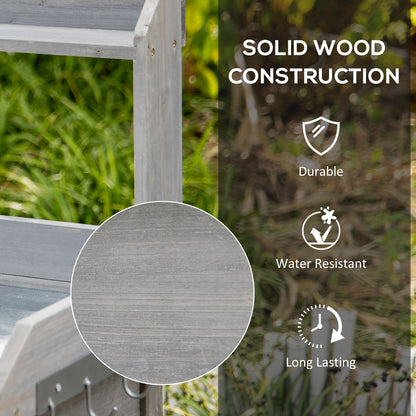 Outsunny Garden Potting Table, Wooden Workstation Bench w/ Galvanized Metal Tabletop, Drawer, Storage Shelves and Hooks for Courtyards, Balcony