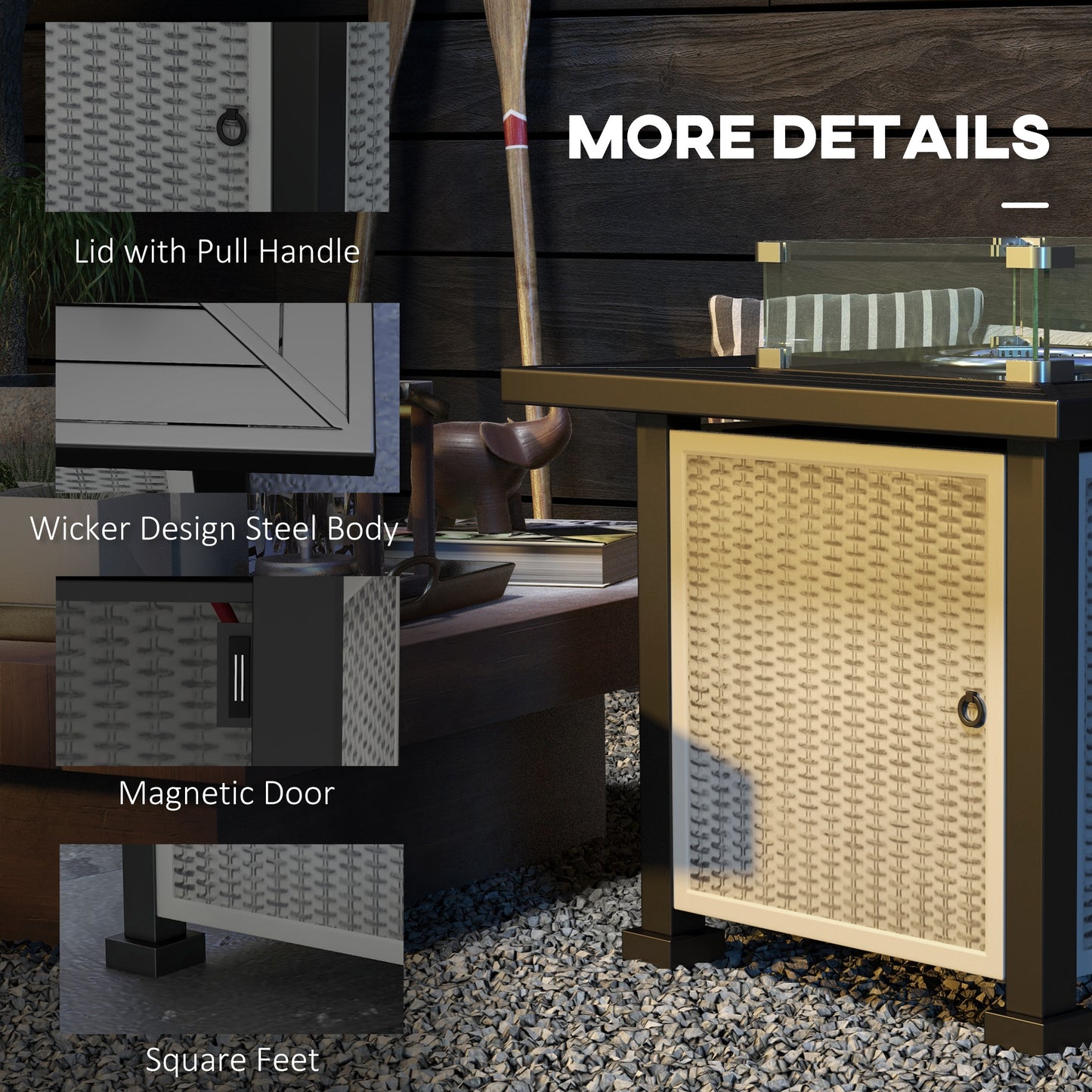 Outsunny Square Gas Fire Pit Table, Rattan Smokeless Fire Pit with Glass Screen and Beads, Lid, 50000 BTU, 81x81x64cm, Grey