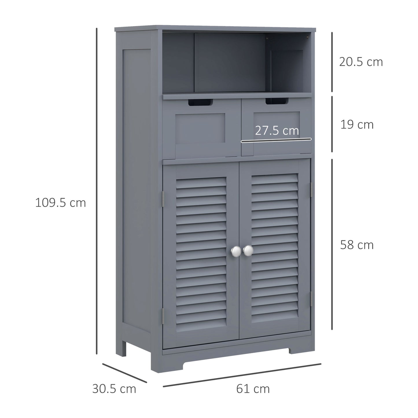 Kleankin Bathroom Cabinet with Drawers, Bathroom Storage Cabinet with Louvred Doors, Open Compartment and Adjustable Shelf for Washroom, Grey