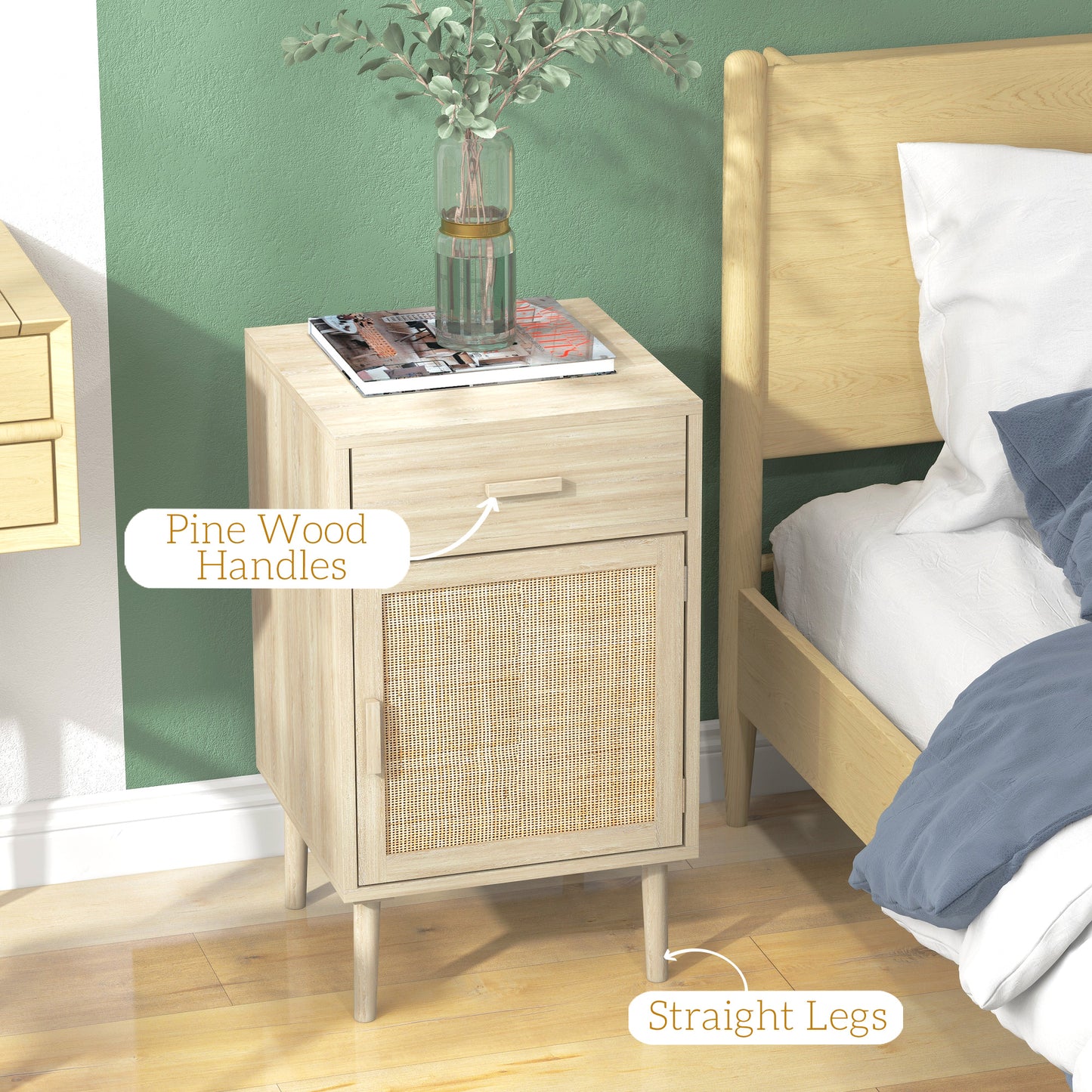 Set of 2 Bedside Rattan Side Tables W/ Drawer, Cabinet, Adjustable Shelf W/ Storage for Bedroom, Living Room, Natural Wood Effect