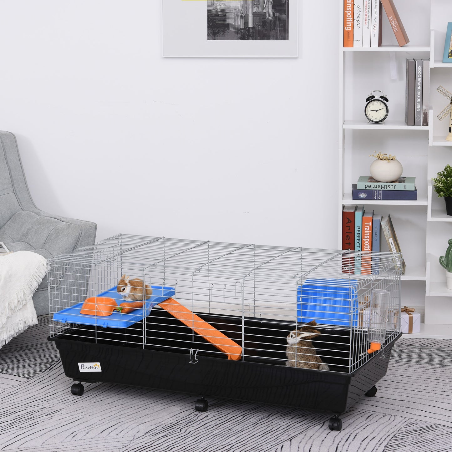 PawHut Steel Medium 2-Tier Small Animal Cage w/ Accessories Blue/Orange