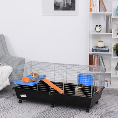 PawHut Steel Medium 2-Tier Small Animal Cage w/ Accessories Blue/Orange