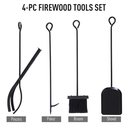 Outsunny Firewood Stand Log Rack Holder 84cm with 4-PC Fireplace Tools Set, Indoor Outdoor, Metal, Black
