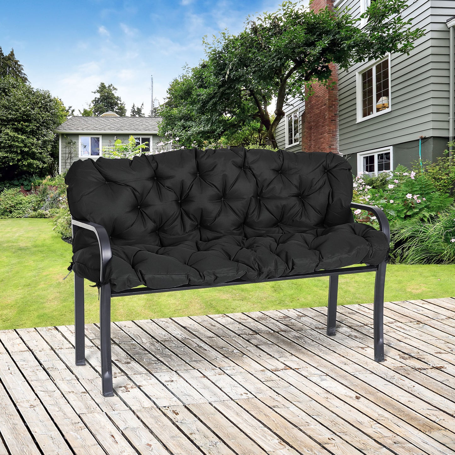 Outsunny 3 Seater Bench Garden Chair Cushion With Back and Ties for Indoor and Outdoor Use, 98 x 150 cm, Black