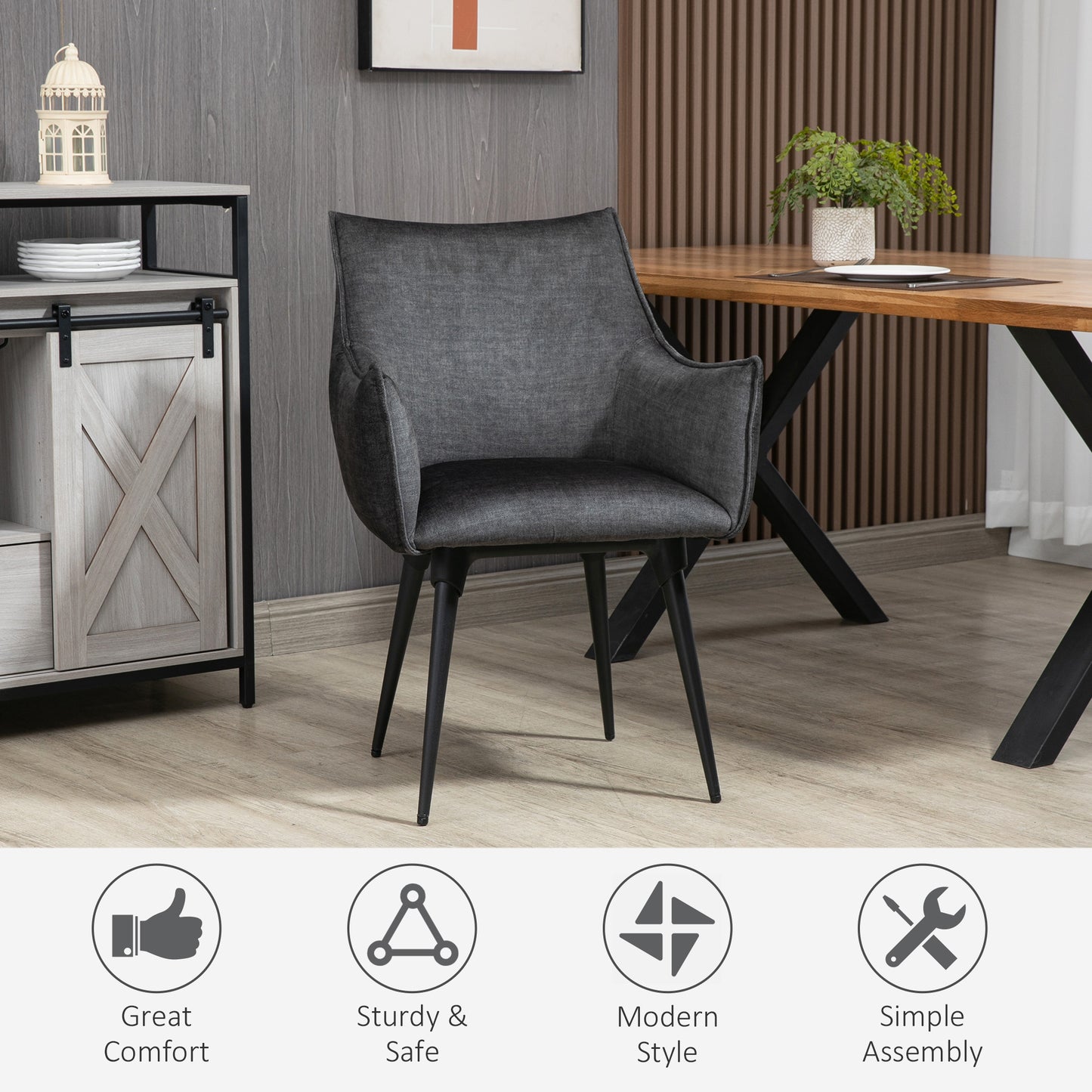 Accent Chairs for Living Room, Bedroom Arm Chair with Steel Legs, Dark Grey
