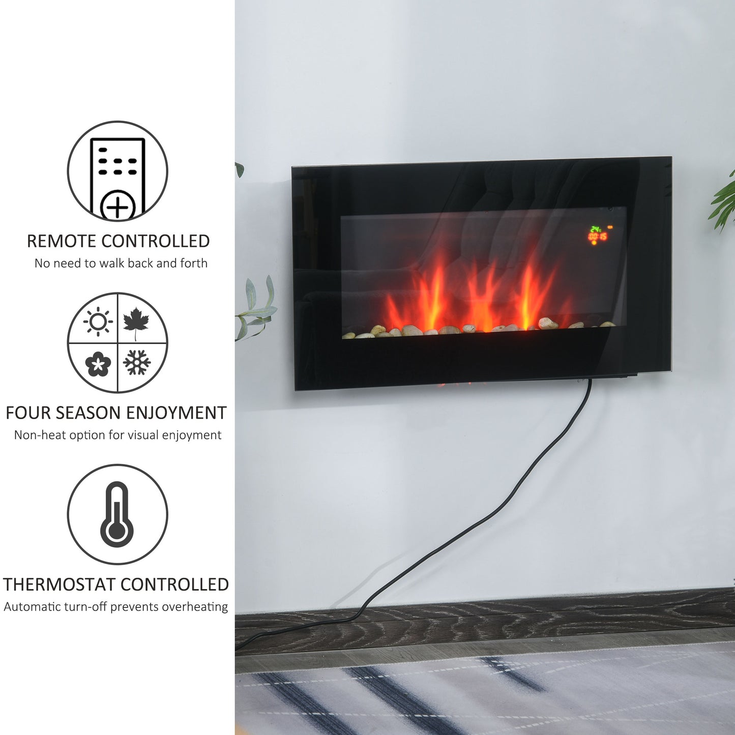 Wall Mounted Tempered Glass Electric Fireplace Heater Wall Fires Black 1000W