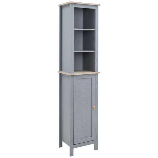 Kleankin Bathroom Floor Storage Cabinet with 3 Tier Shelf and Cupboard with Door, Free Standing Linen Tower, Tall Slim Side Organizer Shelves, Grey