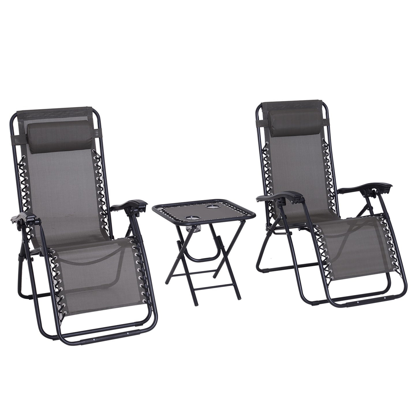 Outsunny 3 Piece Folding Zero Gravity Chairs Sun Lounger Table Set w/ Cup Holders Reclining Garden Yard Pool, Dark Grey