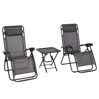 Outsunny 3 Piece Folding Zero Gravity Chairs Sun Lounger Table Set w/ Cup Holders Reclining Garden Yard Pool, Dark Grey
