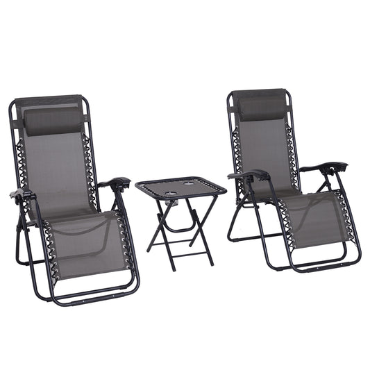 Outsunny 3 Piece Folding Zero Gravity Chairs Sun Lounger Table Set w/ Cup Holders Reclining Garden Yard Pool, Dark Grey
