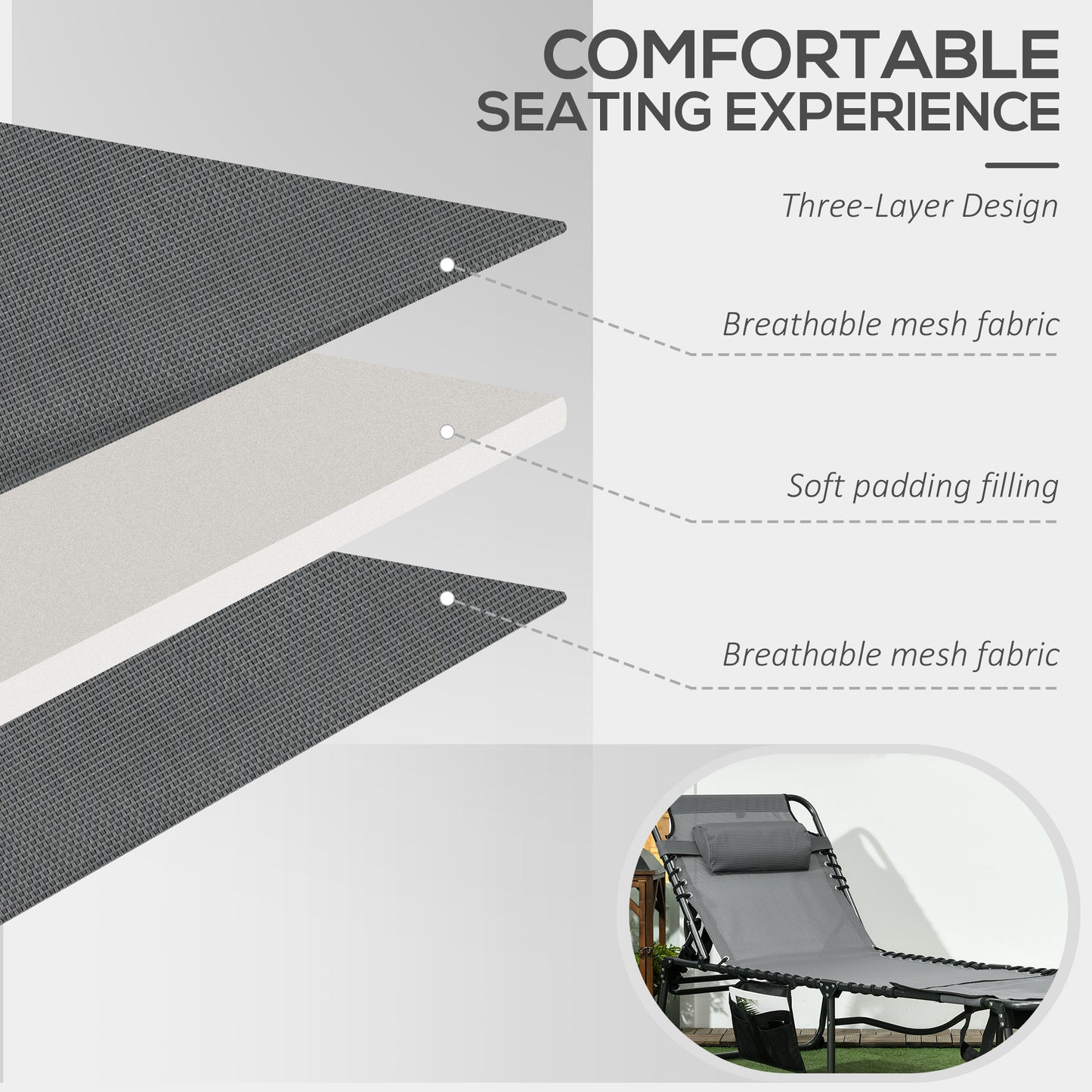 Folding Sun Lounge With 5-level Reclining Back Outdoor Tanning Chair With Reading Hole, Lounger With Side Pocket, Headrest - Grey