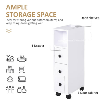 Kleankin Slimline Bathroom Storage Unit w/ 2 Drawers 2 Open Compartments Wheels Handles Freestanding Compact Home Office Furniture White