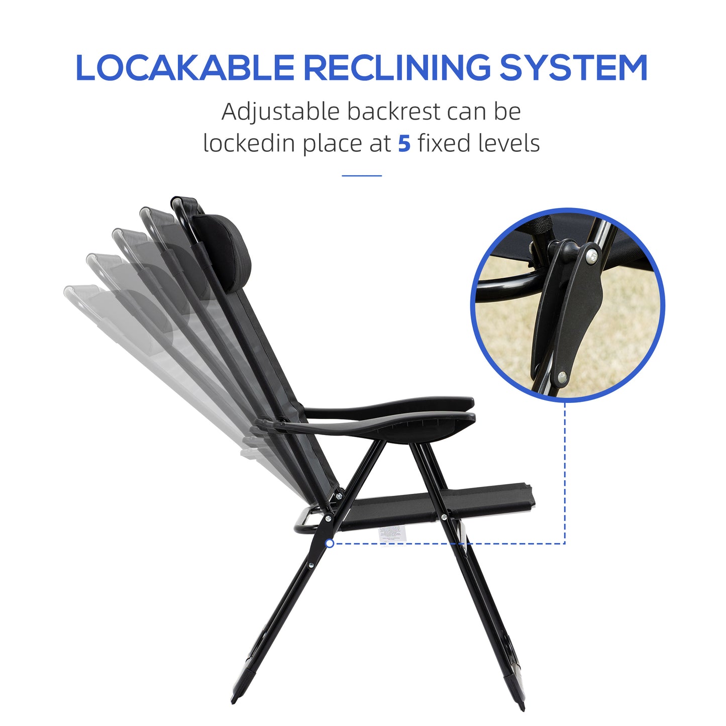 Outsunny Set of 2 Portable Folding Recliner Outdoor Patio Chaise Lounge Camping Chair with Adjustable Backrest, Black