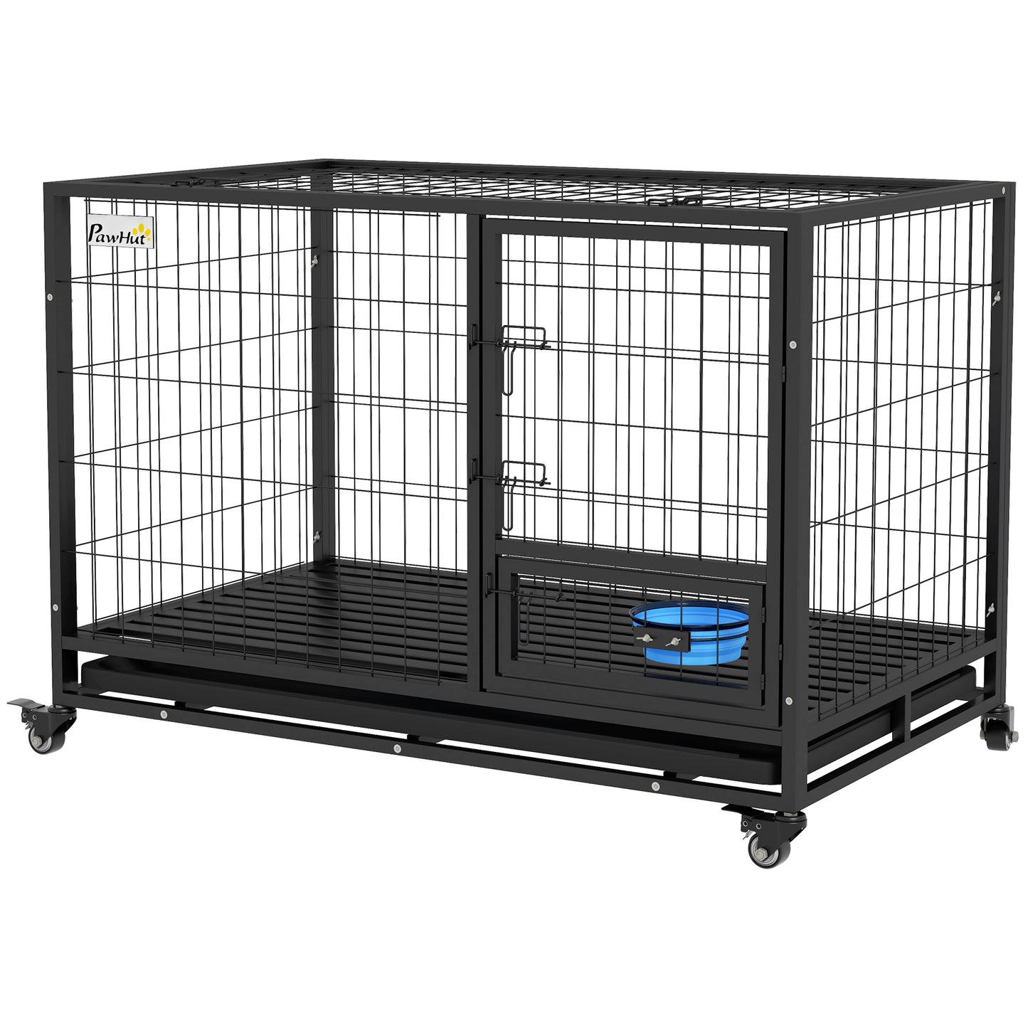 PawHut 48" Heavy Duty Dog Crate on Wheels w/ Bowl Holder, Removable Tray, Detachable Top, Double Doors for L, XL Dogs